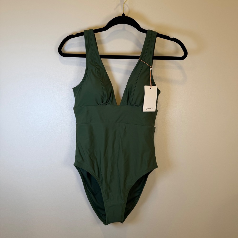 Quince Women Forest Green Deep V-Neck One Piece Swimsuit Sz S NWT Italian Plunge